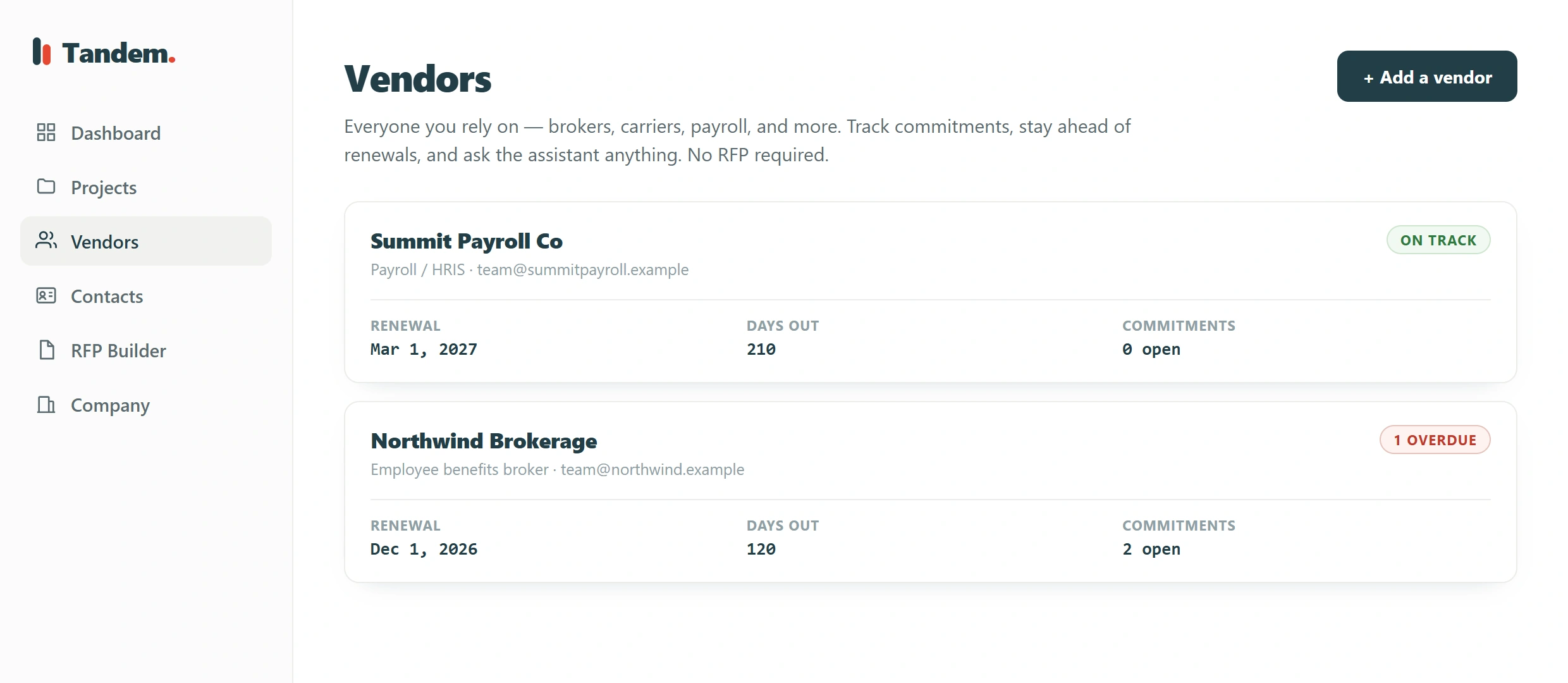 Vendor records showing renewal dates and open commitments